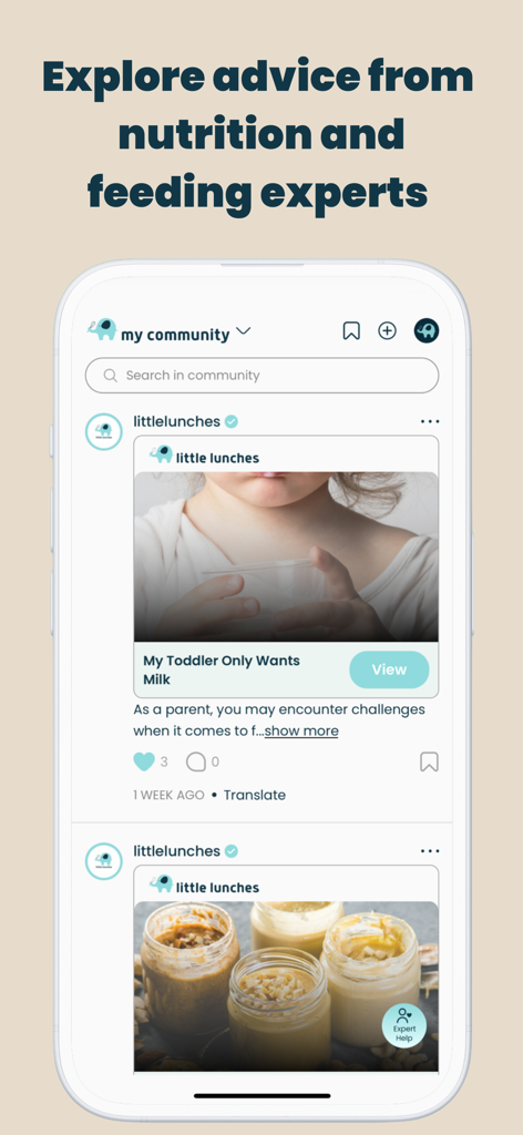 La interfaz de la aplicación Little Lunches muestra el feed de la comunidad con consejos de nutrición y alimentación de expertos.
