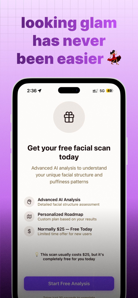 Interface of the Depuff AI app offering a free facial scan for analysis of puffiness patterns and a personalized roadmap.