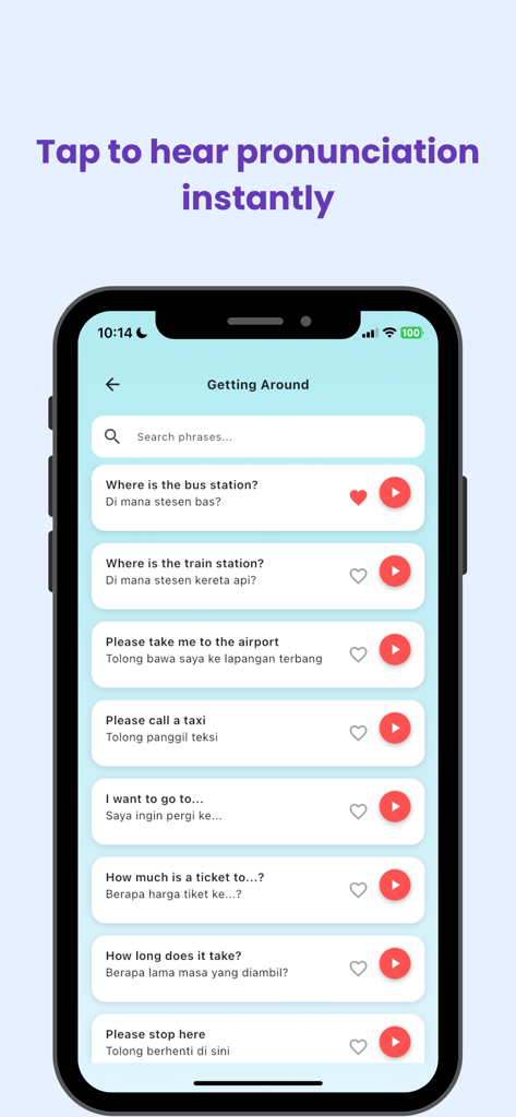 Malay Phrasebook for Travel - マレー語フレーズ集アプリのインターフェース。移動のための旅行フレーズと音声発音ボタンが表示されています。