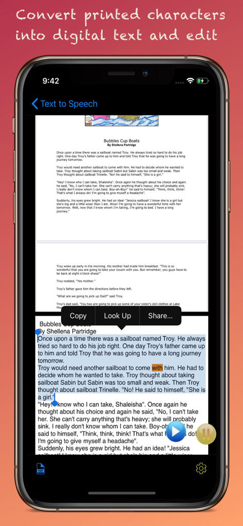 iPhone screen displaying the Text to Speech app converting a scanned document into digital text with audio playback controls