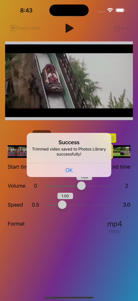 Video Cutter - VidTrim - VidTrim app interface showing a success popup after a trimmed video is saved to the library