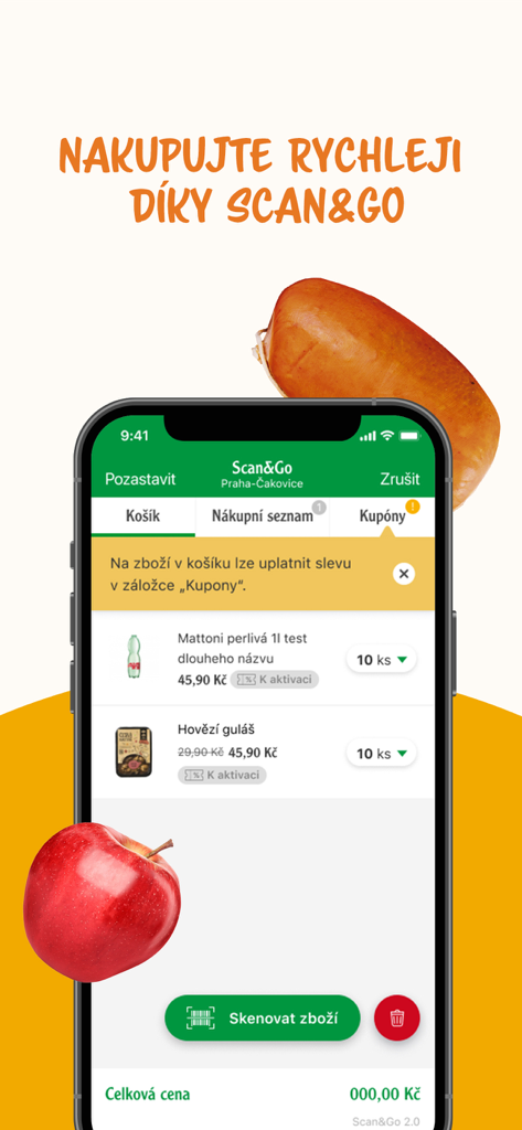 Můj Globus mobile app interface showing the Scan and Go feature with a digital shopping cart and scanning button.