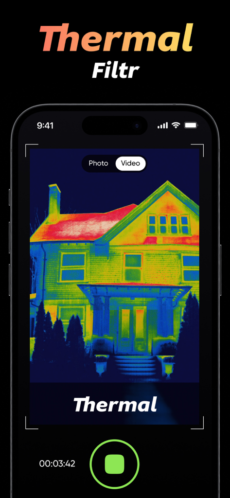 Night Vision Thermal Filter ㅤ - Una interfaz de aplicación móvil que muestra un filtro de visión térmica aplicado a una foto de una casa