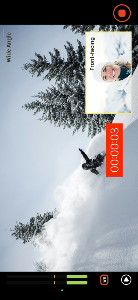 DSLR Camera - Manual Camera - DSLR Camera app interface showing dual camera recording with picture-in-picture mode featuring a wide-angle shot of a snowboarder and a front-facing selfie view.