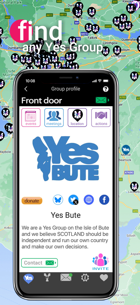 IndyApp for Yes - IndyApp interface showing a map of Scottish independence support groups and a specific group profile for Yes Bute