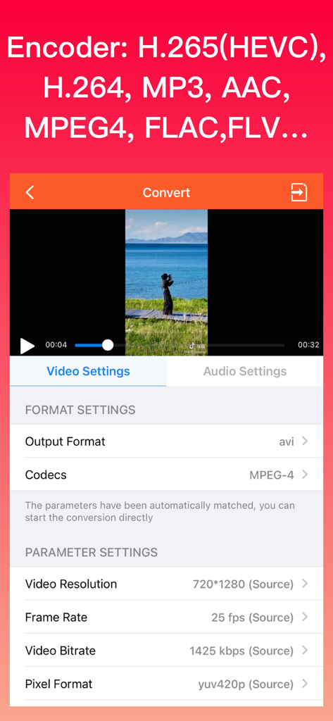 Video Converter - mp4 to mp3 - Interface do aplicativo conversor de vídeo exibindo opções de formato de saída, codecs, resolução e taxa de quadros.