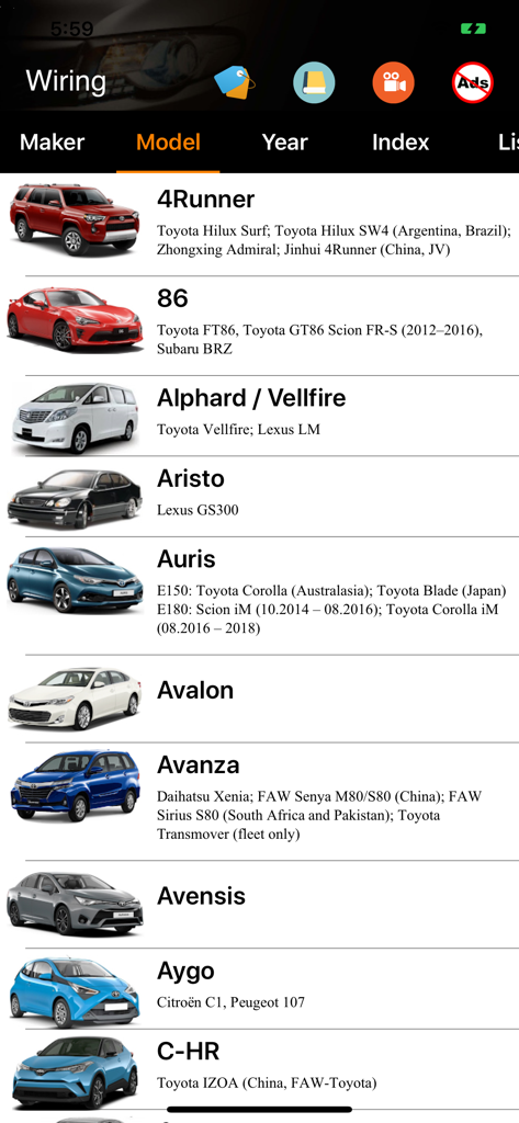 Carmin app interface showing a list of car models for electrical wiring diagrams
