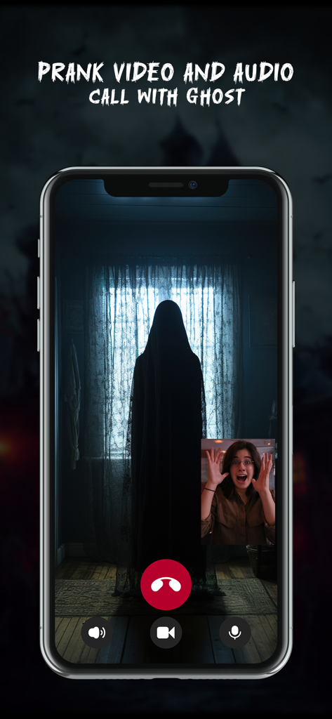 Ghost Detector - Camera Radar - Prank-Videoanruf-Oberfläche mit einer Kapuzenfigur und einem überraschten Benutzer.