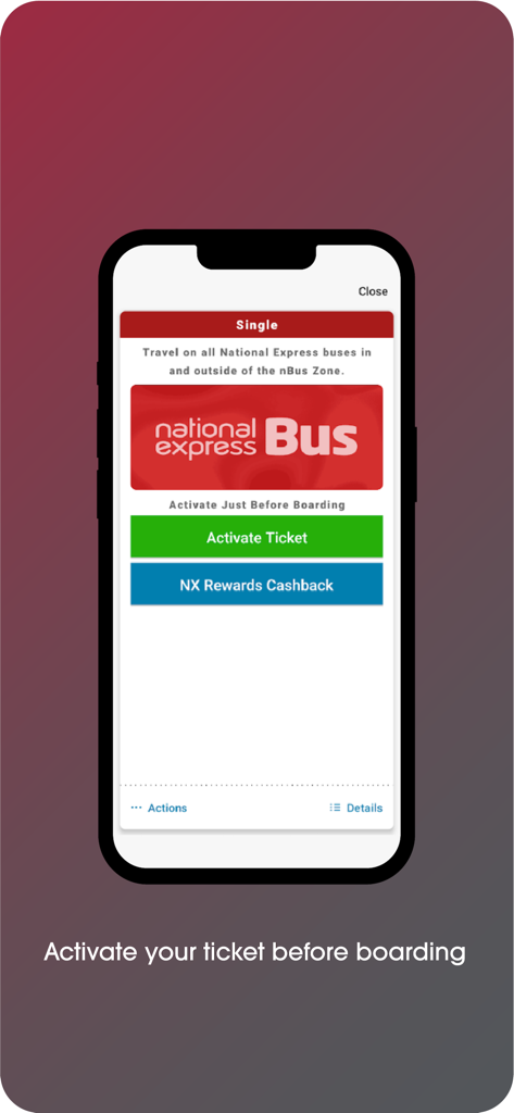 NX Bus mTicket - A smartphone screen displaying the NX Bus mTicket app with a digital bus ticket and a large green Activate Ticket button.