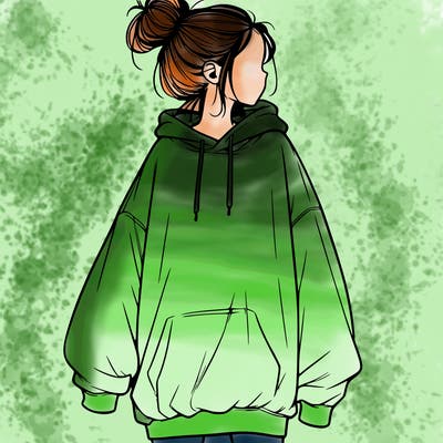 realistic girl with a oversized sweatshirt on and a bun