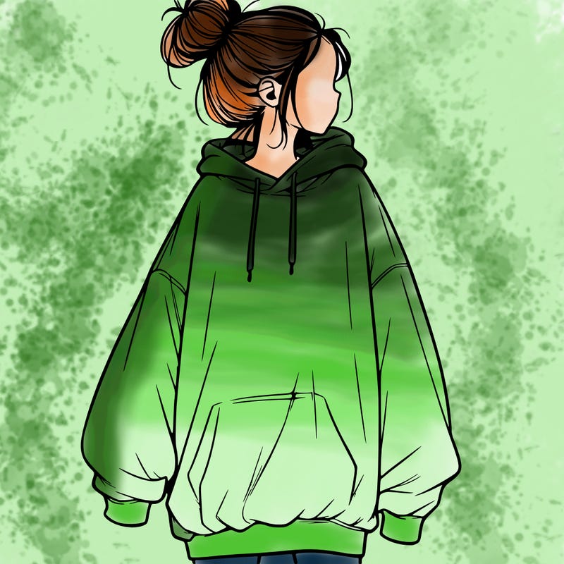 realistic girl with a oversized sweatshirt on and a bun