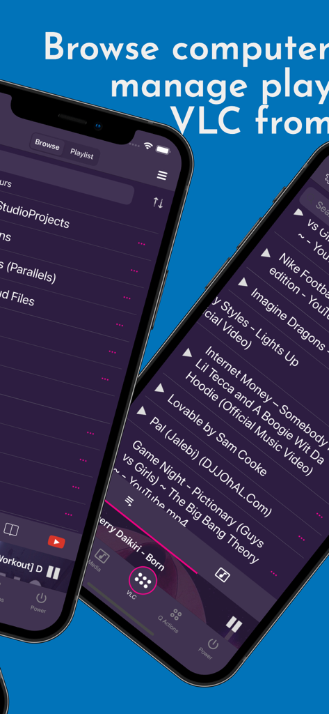 Smartphone screens showing the VLC remote app interface for browsing computer files and managing media playlists