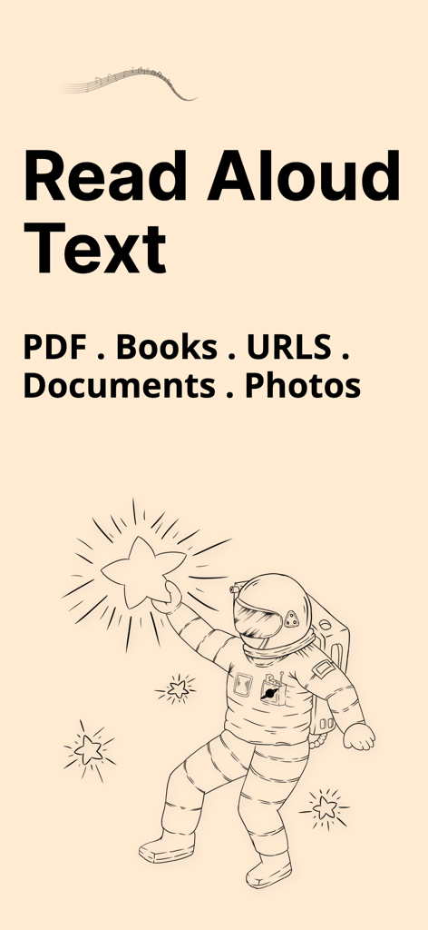 Read Aloud: AI Text to Speech - App-Bildschirm von Vorlesen KI-Text-zu-Sprache, der die Kompatibilität mit PDF, Büchern, URLs, Dokumenten und Fotos zeigt.