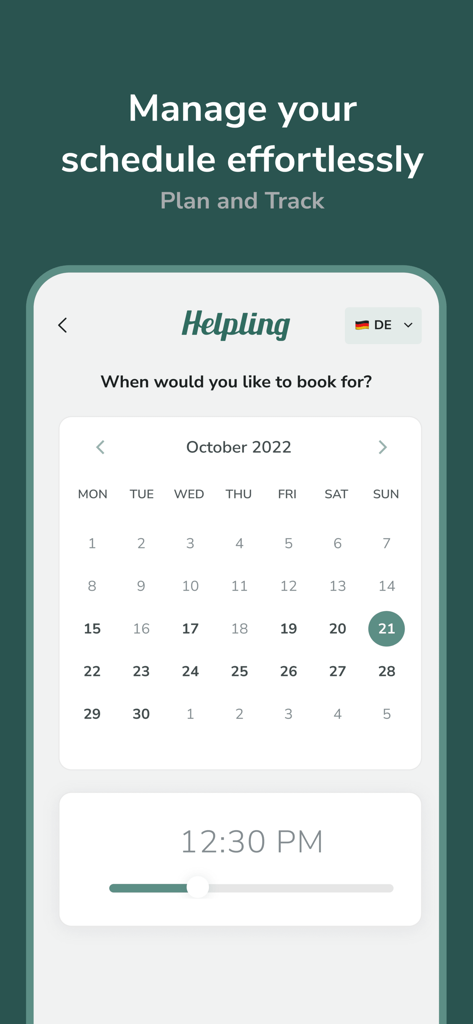 Helpling app interface showing a calendar and time selector for booking home services
