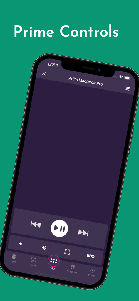 Pantalla de iPhone mostrando los controles multimedia de Remote App PRO para un MacBook Pro incluyendo reproducción y opciones de HBO