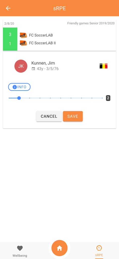 SoccerLAB Team - SoccerLAB Team app interface for entering player session Rate of Perceived Exertion.