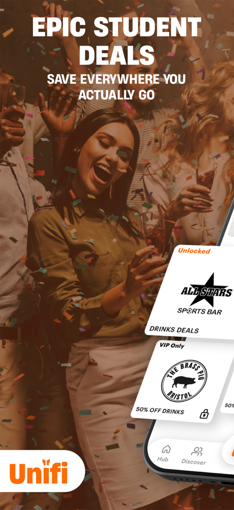 Unifi: Home of the Unifi Card - Pantalla de la aplicación Unifi mostrando ofertas para estudiantes y descuentos en bares con gente de fiesta al fondo