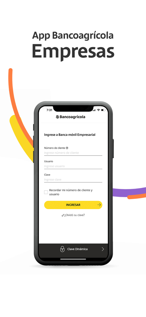 Bancoagrícola Empresas - Login screen for the Bancoagricola Empresas mobile banking app for businesses