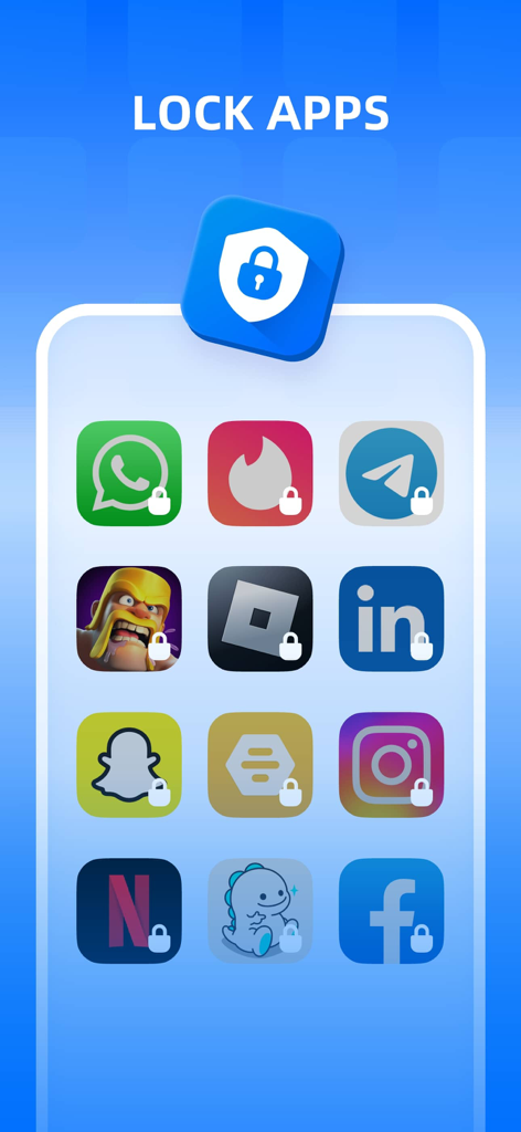App Lock - Block Apps - アプリケーションのセキュリティを表すロックシンボルが付いたさまざまなソーシャルおよびゲームアプリのアイコンを示すインターフェイス