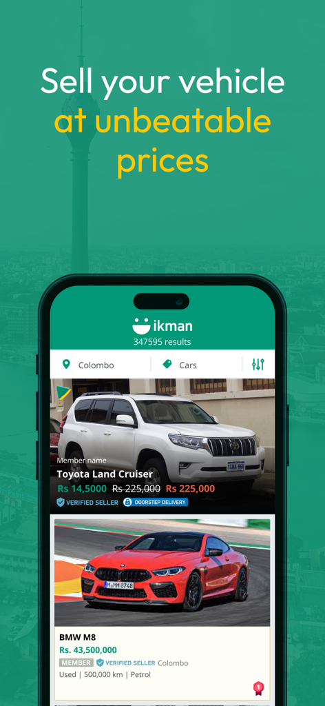 ikman - Everything Sells - Écran de l'application ikman affichant les annonces de véhicules à vendre à Colombo avec les badges de vendeurs vérifiés.