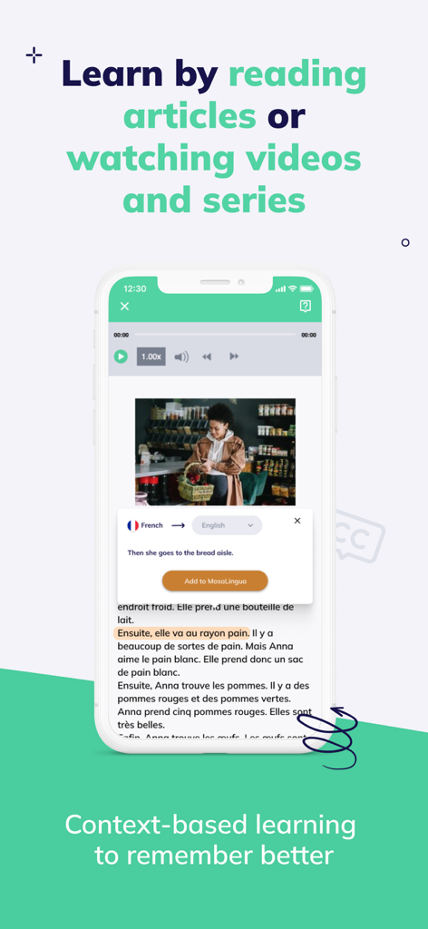 MosaLingua mobile app interface showing language learning through videos and articles with contextual translations