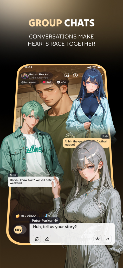 Saylo: AI Character Story Chat - Interface of Saylo app's group chat feature showing multiple AI anime characters in a romantic drama roleplay.
