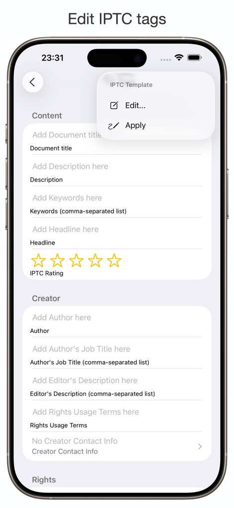 PhotInfo - PhotInfo 앱 화면으로, 문서 제목, 설명, 키워드 및 작성자 정보 필드가 있는 IPTC 태그 편집기를 보여줍니다.