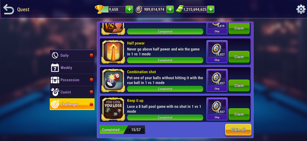 Pool Club: 8 Ball Billiards - Menú de misiones en Pool Club 8 Ball Billiards mostrando desafíos de juego completados y recompensas canjeables.