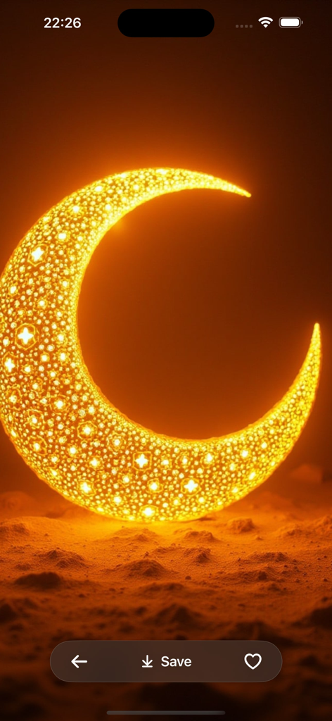 A luminous golden crescent moon with intricate glowing patterns resting on a sandy surface