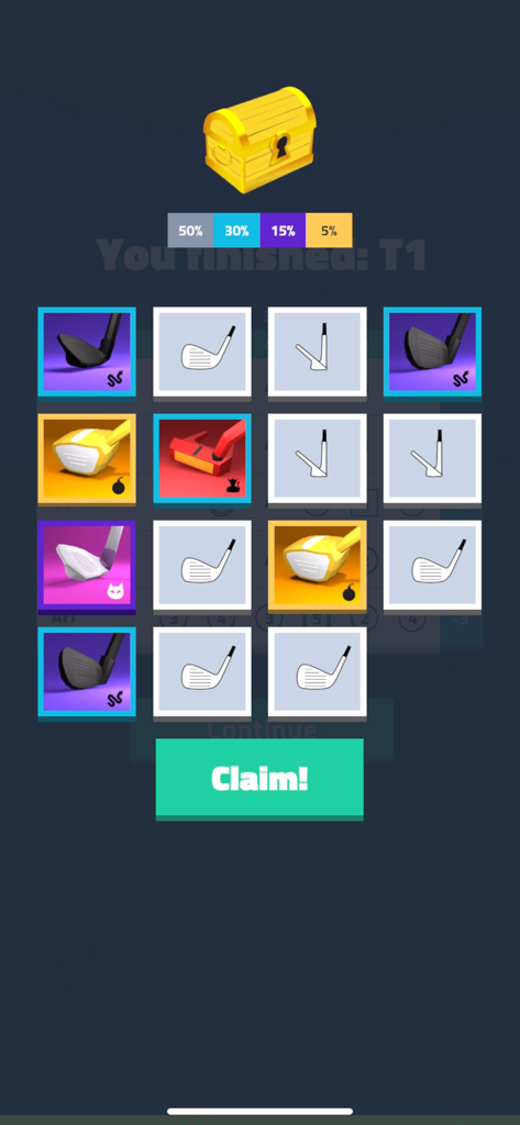 Golf Dreams - Tela de recompensa do Golf Dreams mostrando um baú de tesouro dourado e uma grade de vários prêmios de tacos de golfe para resgatar.