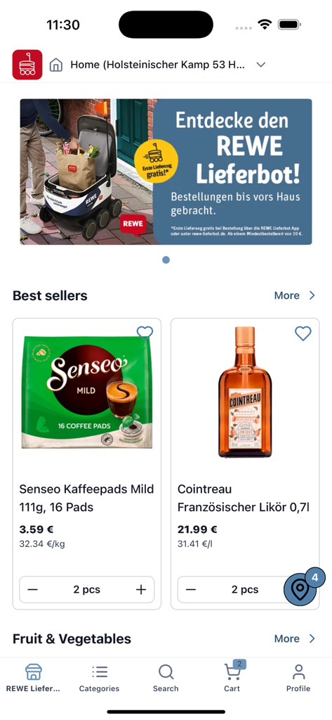 REWE Lieferbot - REWE Lieferbot mobile App Startbildschirm mit Lebensmittelprodukten und einem Banner für autonome Lieferroboter