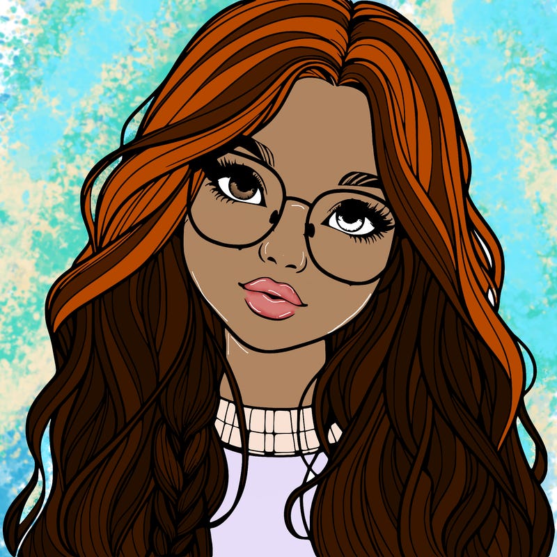girl with long hair and freckles and glasses realistic