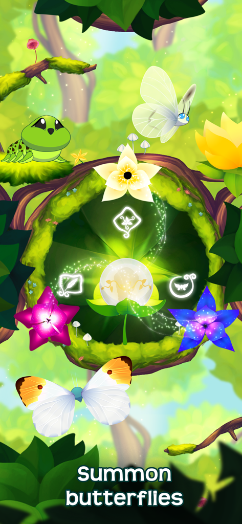Flutter: Butterfly Sanctuary - Summoning butterflies in a magical rainforest sanctuary with vibrant flowers and a cute caterpillar.
