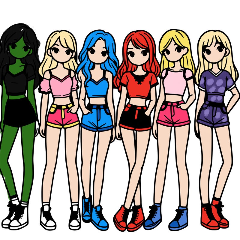 a group of girls wearing crop tops and shorts