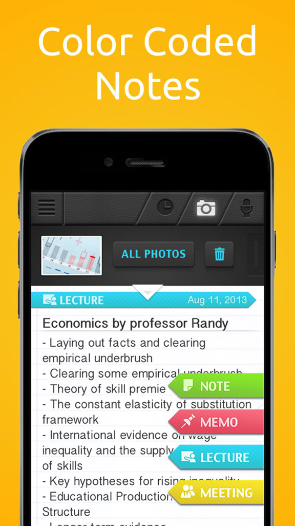 SuperNote app interface showing color coded lecture notes with photo attachments and organizational tags