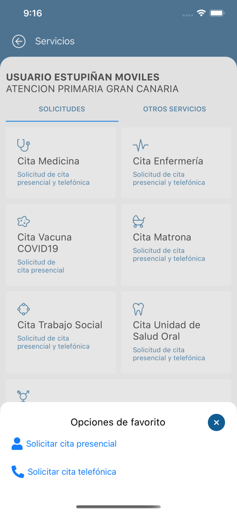 miCita previa - Medical services selection screen in the miCita previa app with an overlay for appointment options