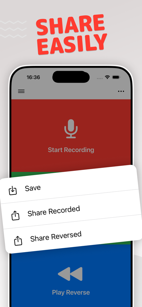 Reverse Singing & Audio - Mobile app interface displaying options to share recorded and reversed audio clips with a Share Easily headline