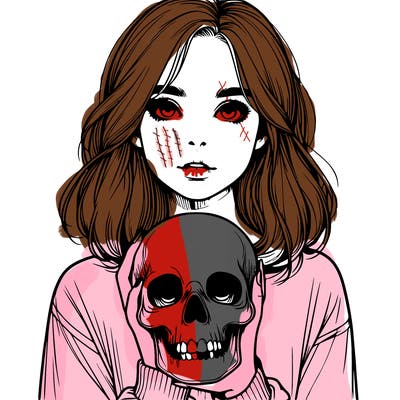 realistic girl holding a skull
