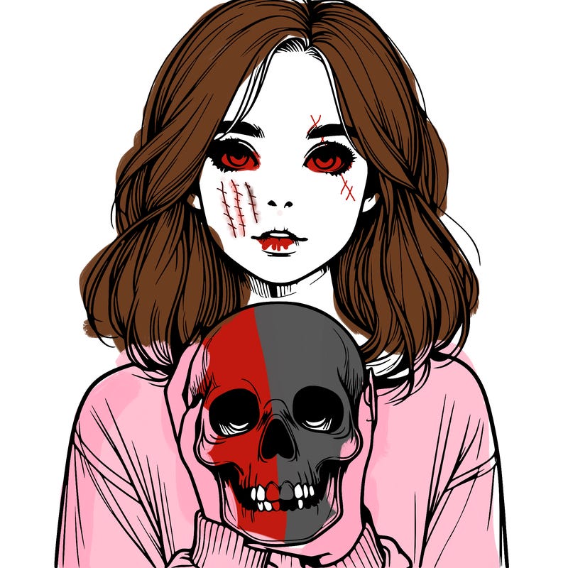 realistic girl holding a skull