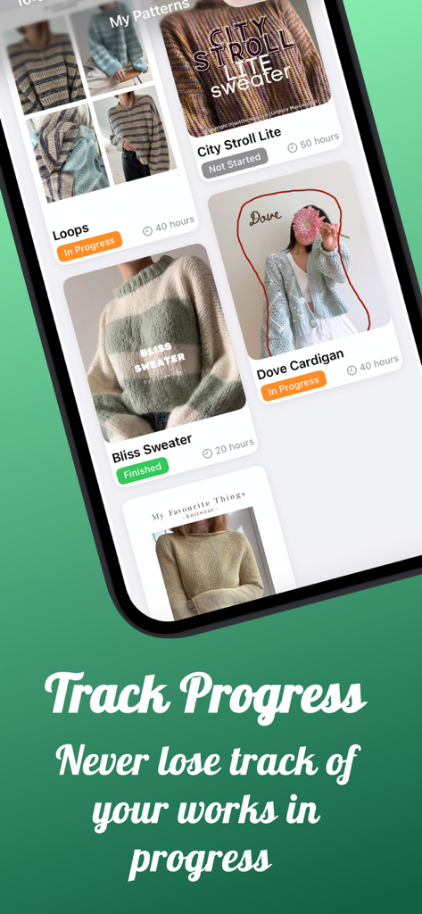 Crochet & Knit Pattern Library - PatternBook 앱 인터페이스에 진행 중 및 완료와 같은 상태 레이블이 있는 코바늘 뜨개질 패턴 컬렉션이 표시됩니다.