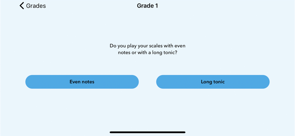 ABRSM Violin Scales Trainer - ABRSM Violin Scales Trainer Grade 1 selection screen for even notes or long tonic