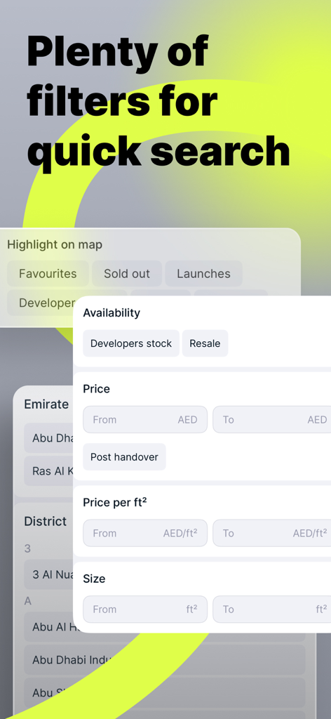 GenieMap - quick estate search - GenieMap mobile app interface showing property search filters for price and size