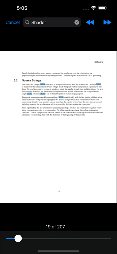 PDF Notes - 문서에서 shader라는 단어에 대한 강조 표시된 검색을 보여주는 PDF Notes 앱 스크린샷