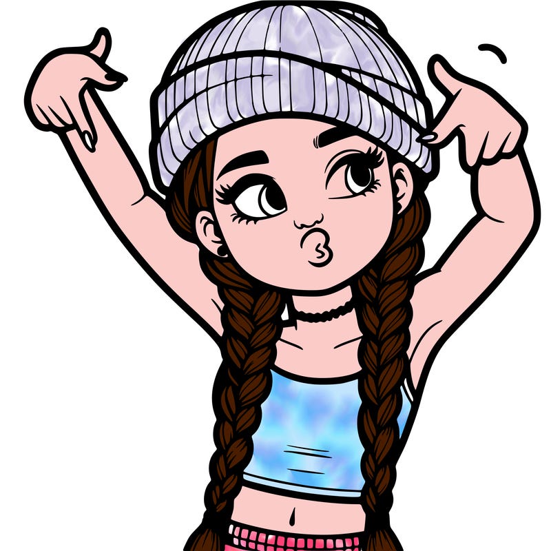 realistic teenage girl with braids and a beanie and crop top doing 🫶🏼