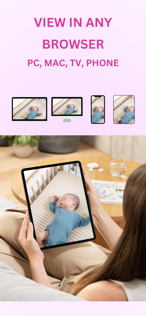 ZOYA Baby Monitor (Local Wifi) - Un parent regardant un flux vidéo en direct du babyphone sur un iPad et d'autres appareils via un navigateur web
