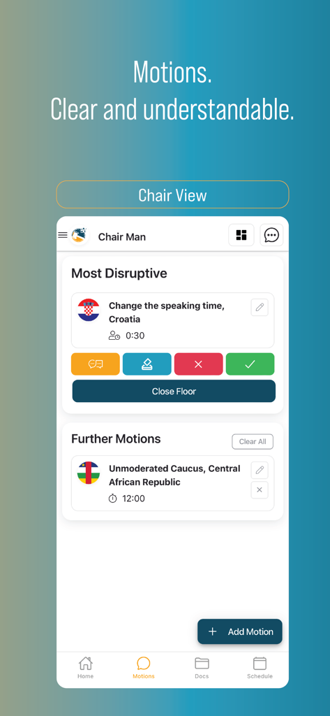 Model United Nations app chair interface for managing debate motions