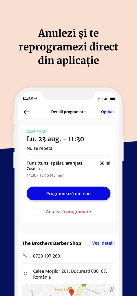 MERO - Programări Online - Interface of the MERO app showing options to reschedule or cancel a hair salon appointment directly from the booking details screen