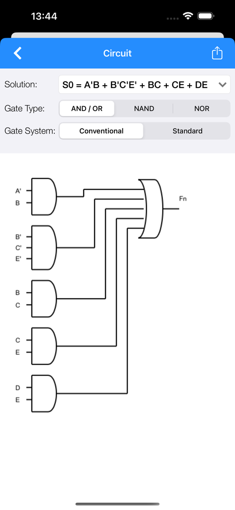 Diagrama de circuito de puertas lógicas generado a partir de una expresión booleana