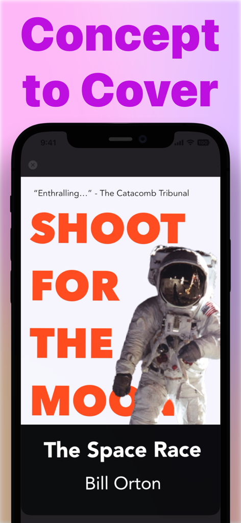 Una pantalla de teléfono móvil que muestra el diseño de una portada de libro titulada Shoot For The Moon con un astronauta.