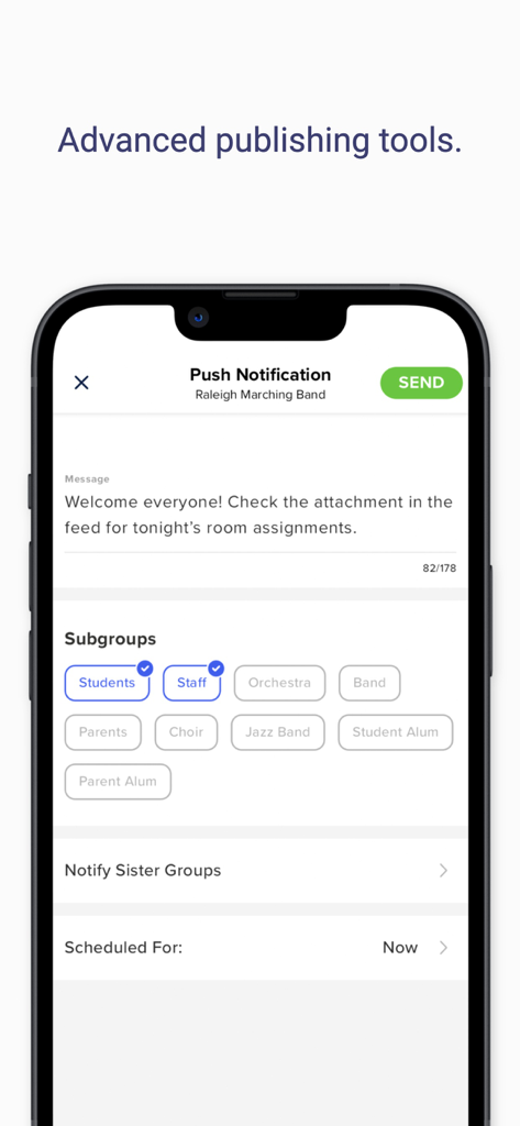 GroupSpot - GroupSpot screen showing advanced publishing tools for sending push notifications to targeted subgroups